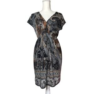 Y2K Boho Whimsigoth Paisley Print Dress Womens Small Black Brown Bohemian Casual